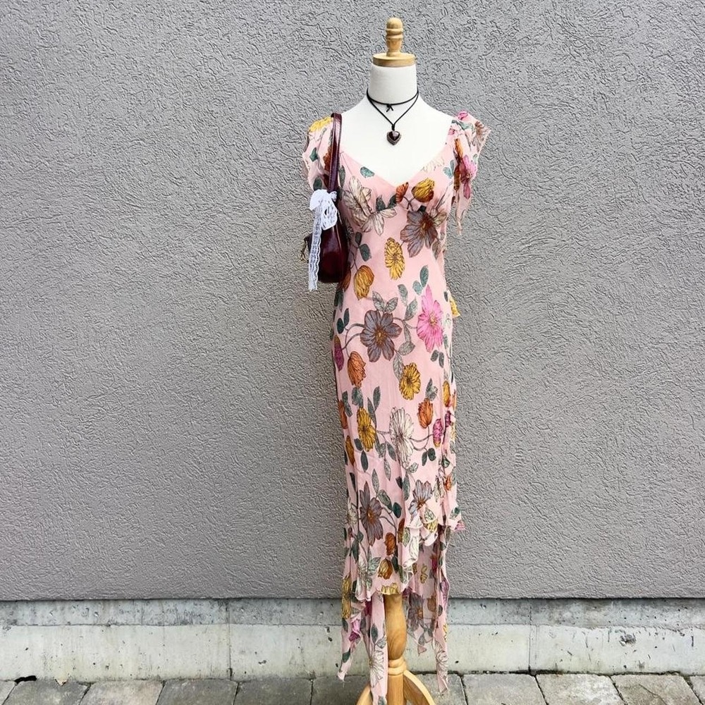 Angie Pink Floral Midi Dress Size Small Ruffle Hem Fairy Cottagecore